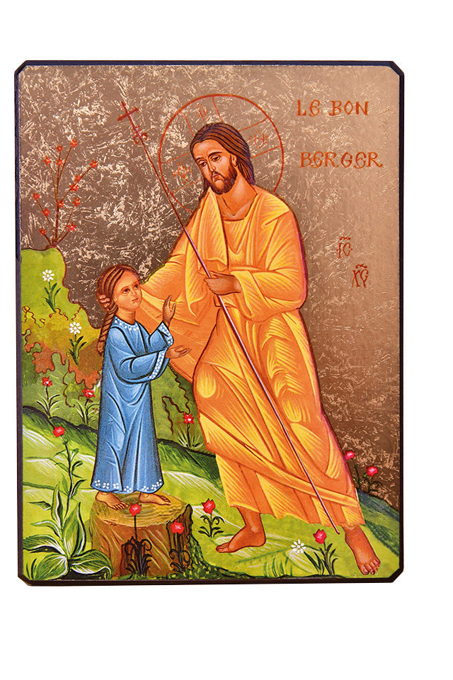 Le Bon Berger conduisant une petite fille - Icône dorée à la feuille 13,3x9,6 cm - 377.63