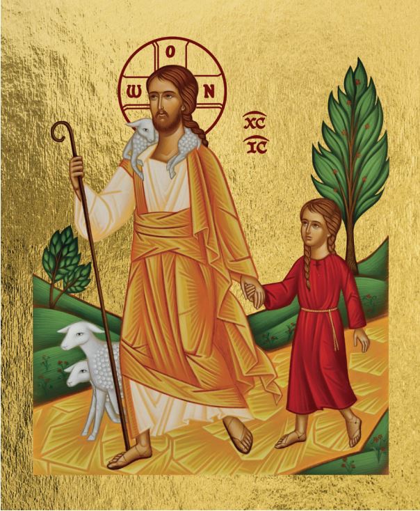 Jésus le Bon Berger conduisant une petite fille - Icône dorée à la feuille 14,2x11,8 cm - 777.64