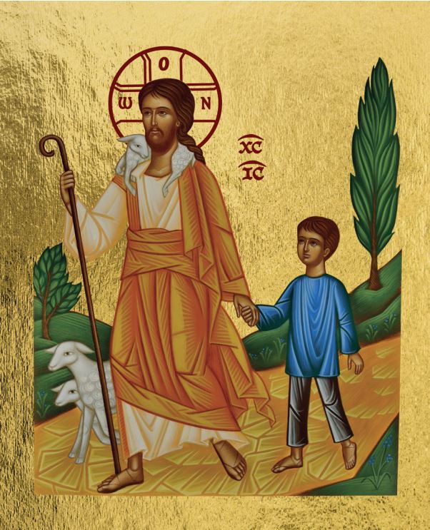 Jésus le Bon Berger conduisant un petit garçon - Icône dorée 9,8x8 cm - 577.14